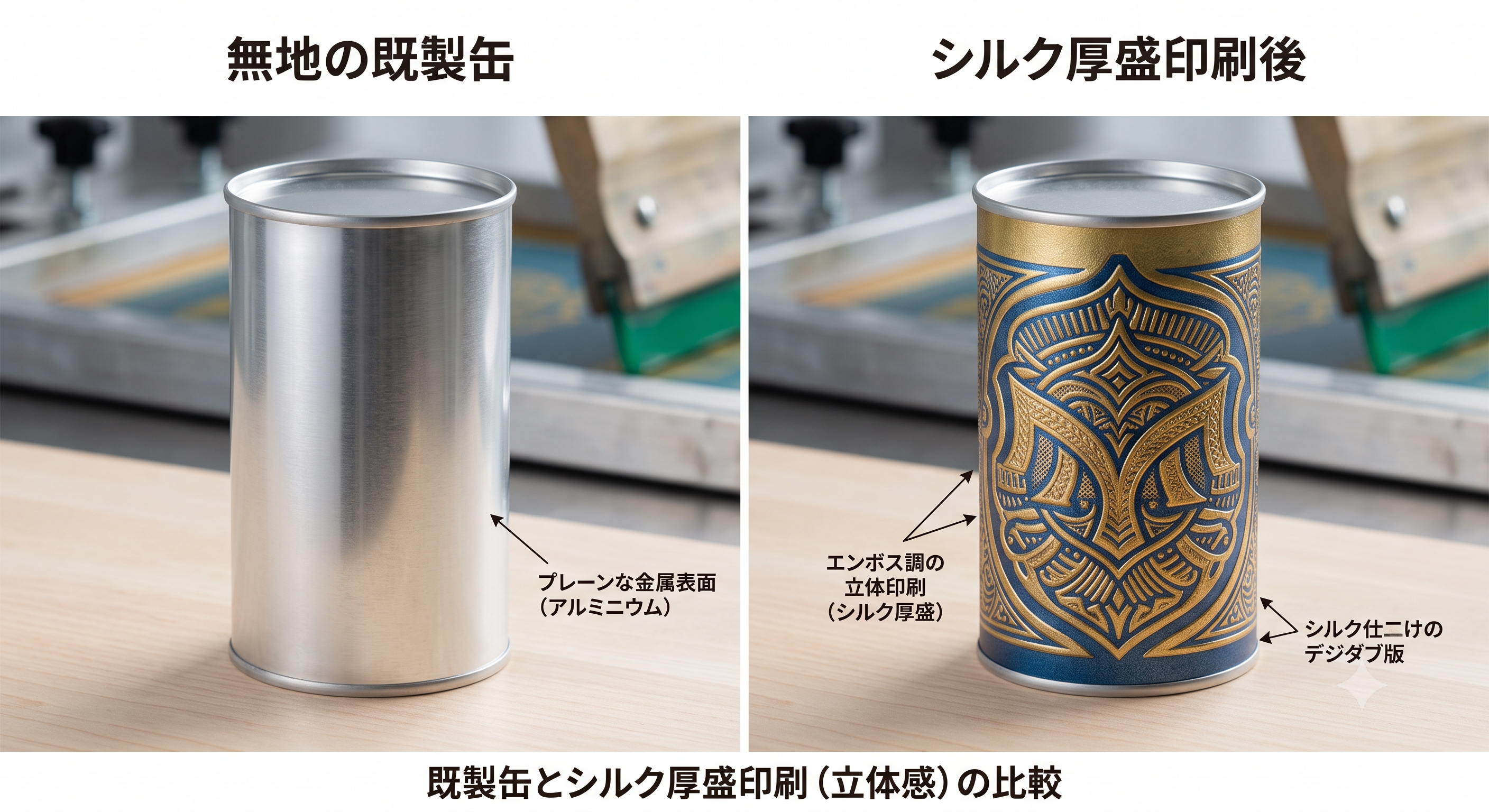 無地の既製缶とシルク厚盛印刷後の比較
